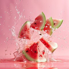 Sticker - Watermelon in the air splattering into pieces and drops of juice in slow motion.