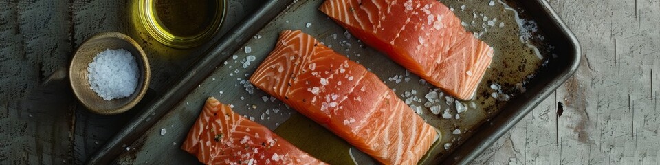 Wall Mural - Fresh Salmon Fillets on Rustic Metal Tray with Sea Salt and Olive Oil: Top-Down Studio Shot Capturing Gourmet Seafood Dinner, Colleague Team Building, and Holiday Feast Concepts. AI-Generated High-Res