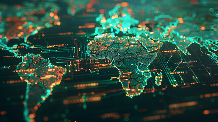 Poster - Digital world map, Africa and Asia, concept of global network and connectivity, high speed data transfer and cyber technology, business exchange, information and telecommunication