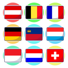 Wall Mural - Western European countries. Flat rectangle vector element design, travel symbols, landmark symbols, geography and map flags emblem.