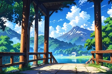 Countryside landscape, mountains, clouds grass field, anime scenery vibe, lo-fi style, Anime style illustration, flat art, anime background