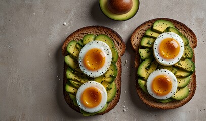 Wall Mural - Avocado toast with egg on white background, top view. Healthy breakfast Copy space
