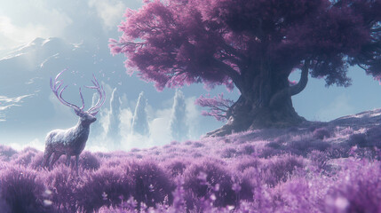 Wall Mural - A glass deer stands on a field of purple grass, with an ancient big tree in the background.concept art, realistic scene,