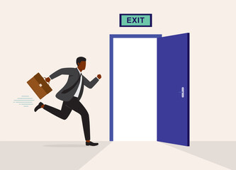 Wall Mural - One Black Businessman With Briefcase Running Fast Towards The Exit Door.