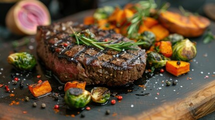 Wall Mural - Mouthwatering steak dinner served on a dark wooden platter