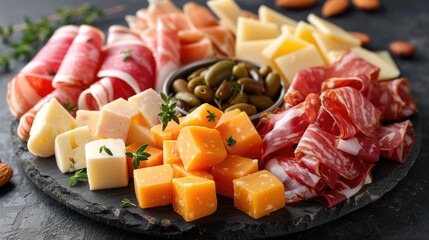 Overhead Close Up Shot of a Delightful High Protein Snack Plate Featuring a Gourmet Selection of Cheese Cubes Deli Meats