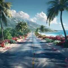 Wall Mural - A road lined with palm trees under a cloudy sky leads to the ocean