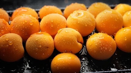 Wall Mural - Background of bright beautiful juicy ripe orange apricots. Concept of summer harvest, canning. Fresh apricot fruit, with drops of water over it.