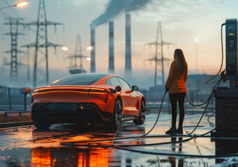 Wall Mural - A woman stands next to an orange car that is being washed. The car , and the woman is wearing a red jacket.