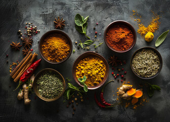 Wall Mural - A variety of spices are laid out on a countertop. The spices include cumin, paprika, turmeric, and ginger.