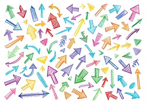 A Set Of Colorful Hand-Drawn Arrows Pointing In Various Directions On A White Background.