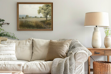 Wall Mural - A large, simple landscape painting in an antique frame hangs on the wall of farmhouse-style living room. The couch is covered with soft beige cushions and throw pillows. A wooden side table next to it