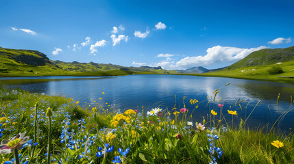 Wall Mural - Lake with wildflowers and meadows under blue sky