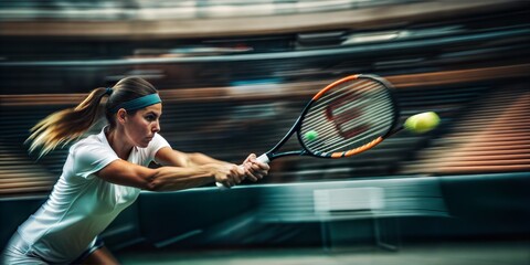 Dynamic image of a female tennis player mid-swing, captured with motion blur to emphasize speed and intensity. 