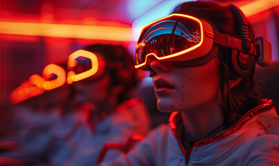 Wall Mural - A woman wearing a pair of virtual reality goggles is looking at a screen. The scene is set in a brightly lit room with a red background. The woman is focused on the screen