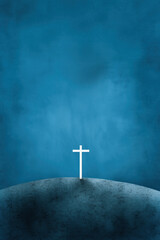 Minimalist illustration of a solitary white cross on a hill against a serene blue background. Symbolizes faith, spirituality, and hope.