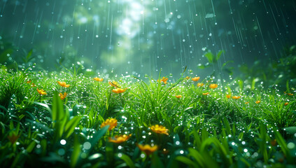 Wall Mural - A field of grass with flowers and raindrops on them