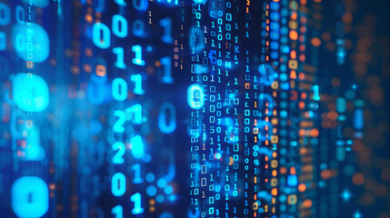 Poster - Blue digital binary data on computer screen background. wallpapers and other modern projects. Generated with AI  