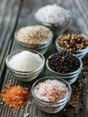 Poster - Different types of salt and pepper are displayed in glass jars and bowls on a rustic wooden surface. Generative AI