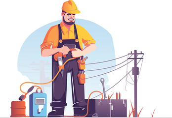 a flat vector illustration of an electrician with an electrical repair tool kit equipment