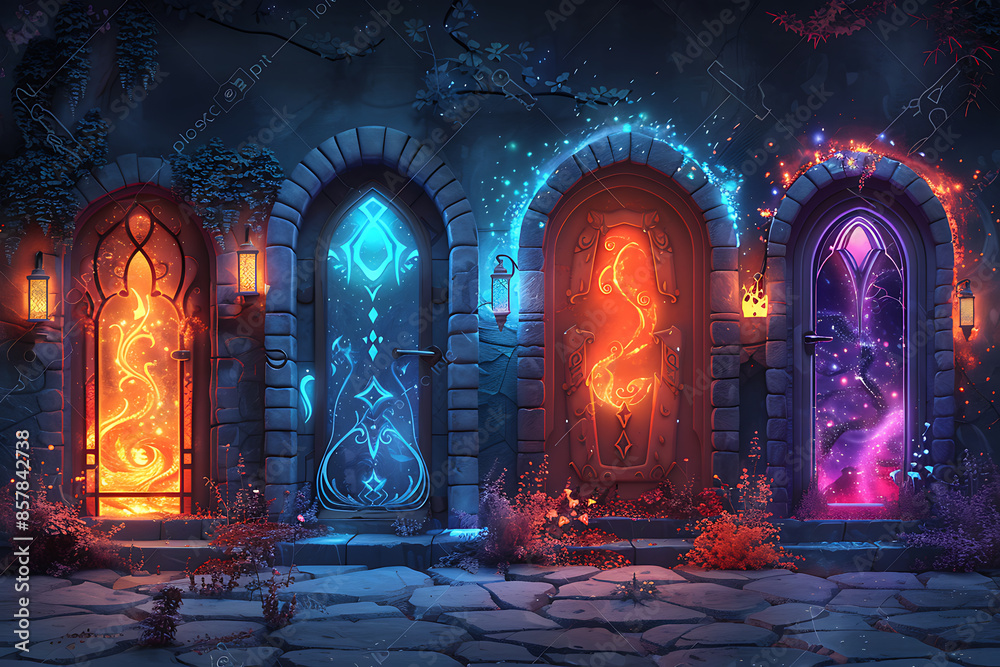 Parallel Runes Raster illustration of wooden gate in dim clouds in an empty room ...