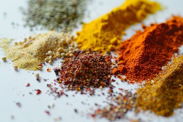Wall Mural - A close-up image of various spices, including turmeric, paprika, and coriander, spread out on a white surface. Generative AI