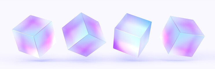 Poster - 3d glass holographic frosted morphism cube isolated render icon set. Abstract geometric translucent block shapes with color neon hologram gradient, square plastic or acrylic objects. 3D illustration