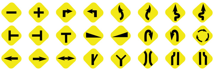 Caution yellow road signs with question mark and arrows. vector