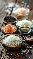 Poster - An assortment of salt and pepper in glass jars and small bowls, including sea salt, pink Himalayan salt, black peppercorns, and white pepper, displayed on a rustic wooden surface. Generative AI