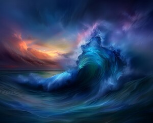 Poster - Dramatic digital artwork of a vibrant ocean wave crashing under a colorful sky with dynamic lighting effects, capturing nature's raw beauty and power.