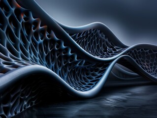 Poster - Abstract 3D rendering with futuristic wave pattern, blending dark and light tones, textured surface with intricate details, modern digital art.