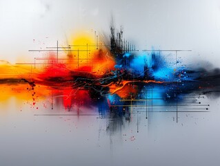 Poster - Abstract digital art with vibrant colors. Features dynamic splashes of red, yellow, blue, and black, creating an energetic composition.