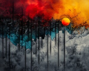 Poster - Abstract digital art piece featuring a vibrant sunset over a dark, textured landscape with bold colors and striking contrasts.