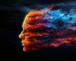 Poster - Abstract digital artwork of a human face in colorful flames and smoke against a dark background, representing creativity and imagination.