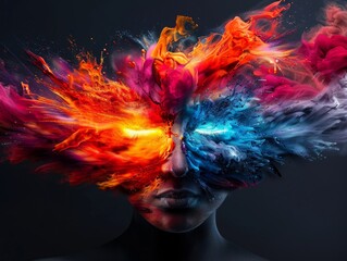 Poster - Colorful abstract explosion of vibrant paint splashes from a human face on a dark background, illustrating creativity and imagination.