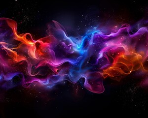 Poster - Colorful abstract smoke-like waves and light streaks on a dark background, creating a vibrant and cosmic atmosphere.