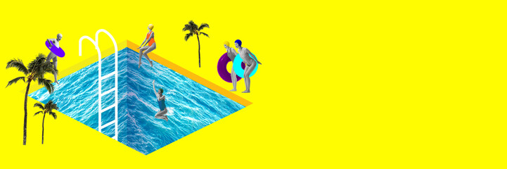 Contemporary art collage. Young girl in retro swimsuits jumping into abstract swimming pool against bright yellow background. Concept of summer, vacation, travelling, rest. Copy space for ad