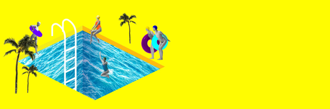 Contemporary art collage. Young girl in retro swimsuits jumping into abstract swimming pool against bright yellow background. Concept of summer, vacation, travelling, rest. Copy space for ad