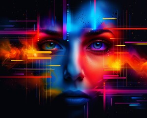 Poster - Futuristic digital art featuring a woman's face with vibrant, neon colors and abstract geometric patterns, creating a tech-inspired visual effect.
