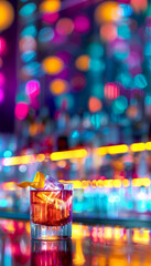 A glass of negroni cocktail with an orange slice in it sits on a bar counter