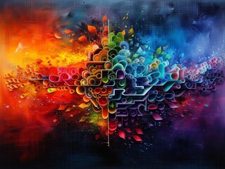 Poster - Vibrant abstract artwork with colorful geometric shapes and gradients, blending warm and cool tones, creating a dynamic visual experience.