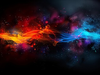 Poster - Vibrant abstract background featuring a mesmerizing blend of red and blue light streaks and particle explosions against a dark backdrop.