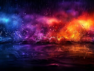 Poster - Vibrant abstract background of colorful splashes and reflections with dynamic lighting in shades of blue, purple, and orange.