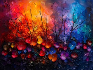 Poster - Vivid abstract artwork with vibrant colors and intricate patterns, featuring a surreal landscape and bold visual elements.