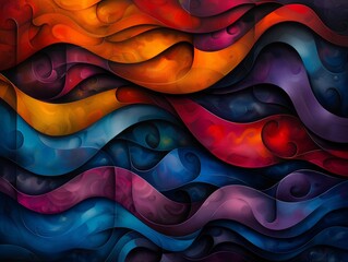 Poster - Vibrant abstract digital art with wavy patterns in various colors, creating a mesmerizing and dynamic visual effect.