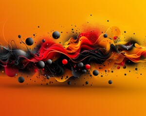 Poster - Vibrant abstract digital art with flowing waves of red, black, and orange on a yellow background, creating a dynamic and energetic composition.