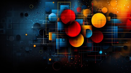 Poster - Vibrant abstract digital artwork featuring geometric shapes and bold colors in a modern, dynamic composition with circles and squares