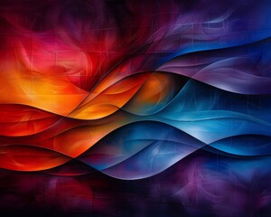Poster - Vibrant abstract digital artwork with flowing waves of red, orange, blue, and purple hues, creating a dynamic and colorful background.
