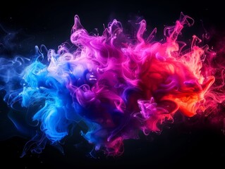 Poster - Vibrant abstract smoke cloud with blue, pink, and red hues swirling on a dark background, creating a mesmerizing visual effect.