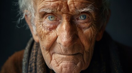 Canvas Print - An old man with a scarf on his head and looking at the camera. AI.